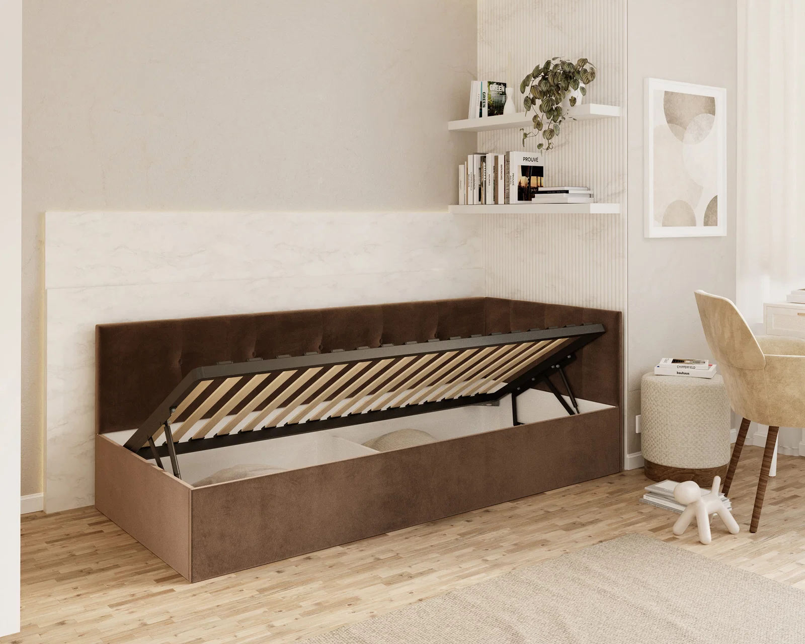 Postel EDDY 2 pro děti a mládež hnědá TRINITY 100x200 kovový zdvižný rošt