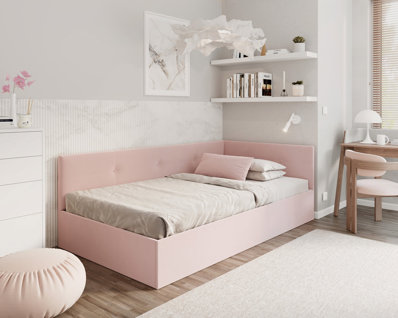 Posteľ EDDY 2 pre deti a mládež púdrová ružová TRINITY 120x200 kovový zdvižný rošt