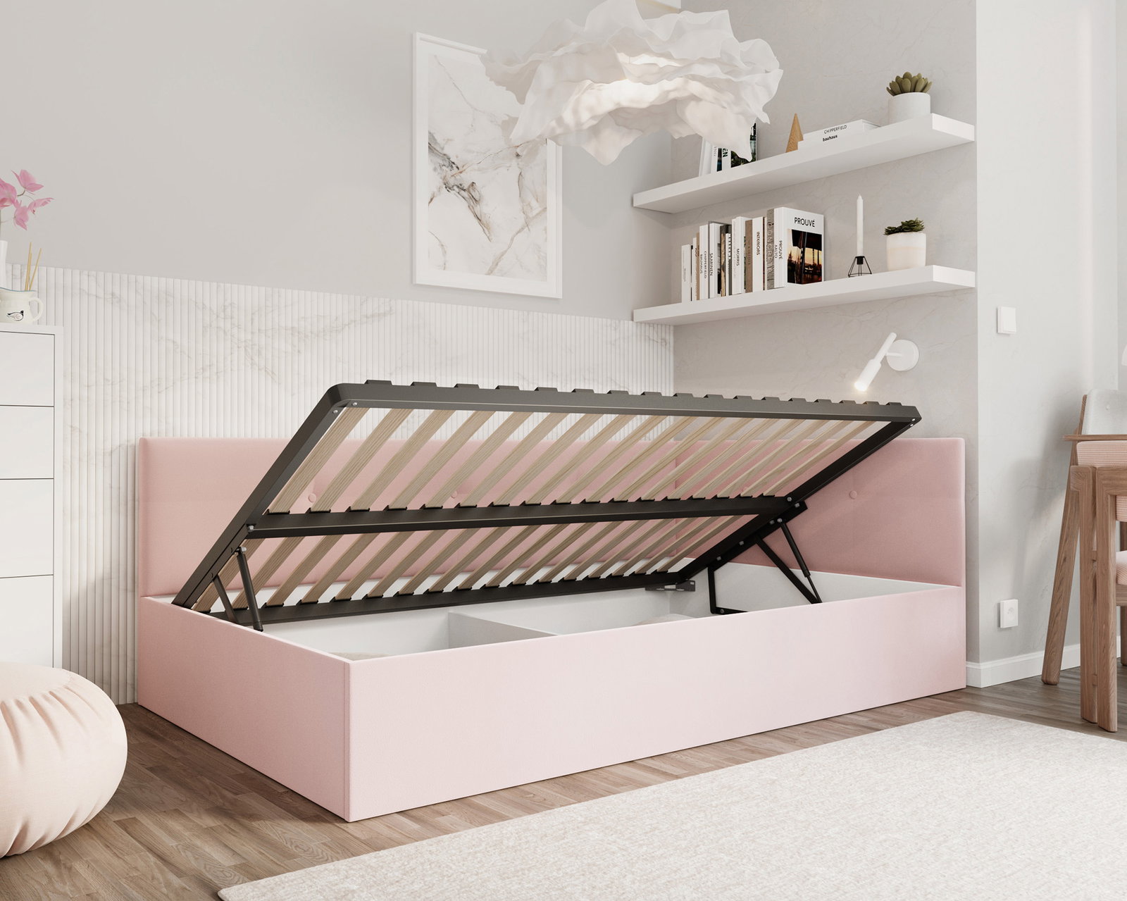 Posteľ EDDY 2 pre deti a mládež púdrová ružová TRINITY 120x200 kovový zdvižný rošt
