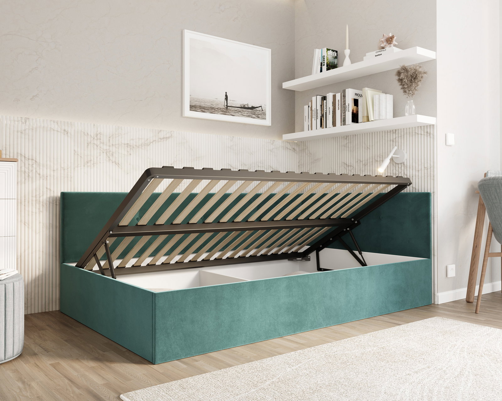 Posteľ EDDY 2 pre deti a mládež tyrkysová TRINITY 120x200 kovový zdvižný rošt