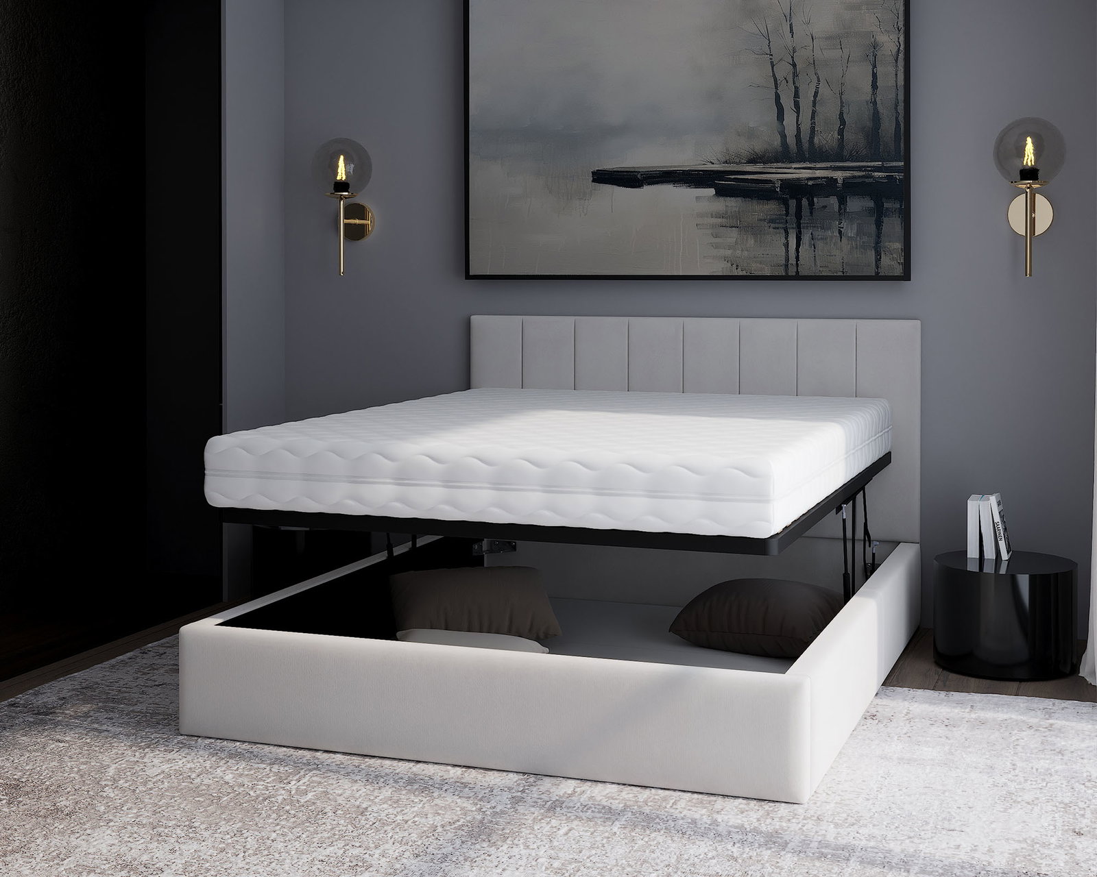 Čalúnená posteľ JUSTIN 120x200 Biela Trinity s úložným priestorom kovový rošt