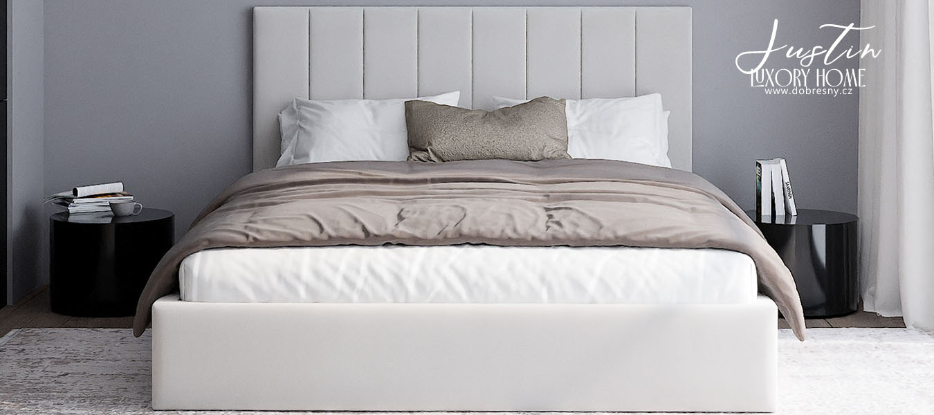 Čalúnená posteľ JUSTIN 140x200 Biela Trinity s úložným priestorom kovový rošt