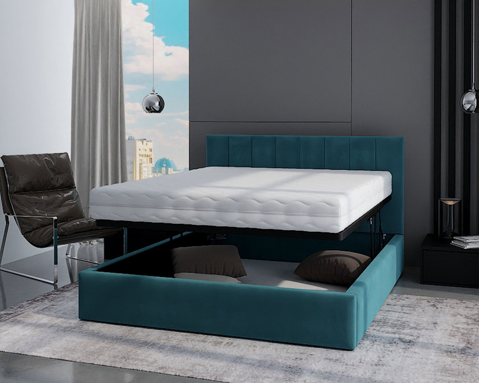 Čalúnená posteľ JUSTIN 90x200 Tyrkysová Trinity s úložným priestorom kovový rošt