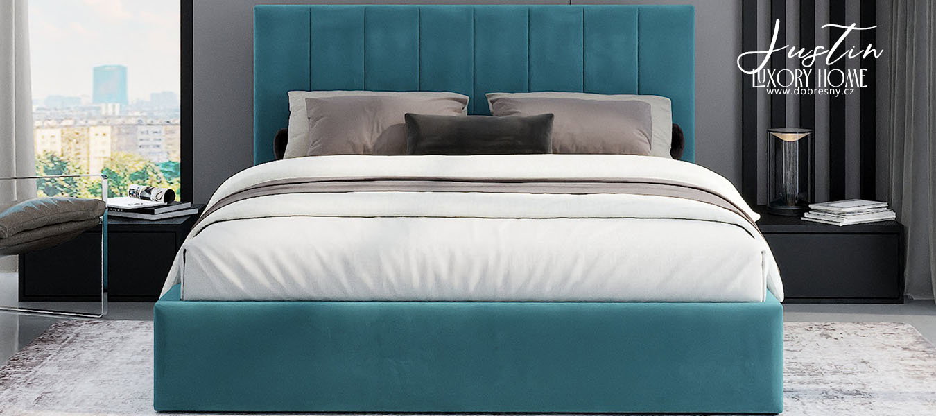 Čalúnená posteľ JUSTIN 120x200 Tyrkysová Trinity s úložným priestorom kovový rošt