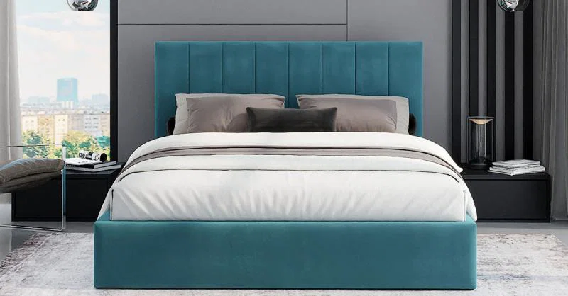 Čalouněná postel JUSTIN 120x200 Tyrkysová Trinity s úložným prostorem kovový rošt