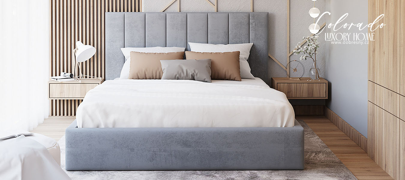 Čalúnená posteľ COLORADO 200x200 s kovovým zdvižným roštom SIVÁ TRINITY