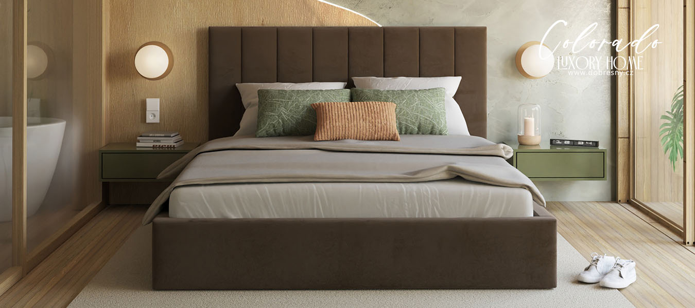 Čalúnená posteľ COLORADO 200x200 s kovovým zdvižným roštom HNEDÁ TRINITY