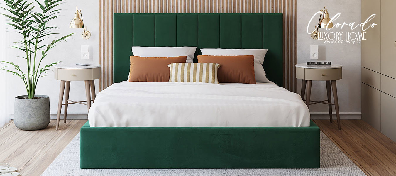 Čalúnená posteľ COLORADO 200x200 s kovovým zdvižným roštom ZELENÁ TRINITY