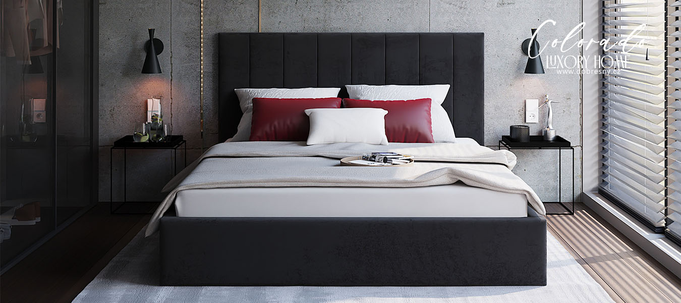 Čalúnená posteľ COLORADO 200x200 s kovovým zdvižným roštom ČIERNA TRINITY