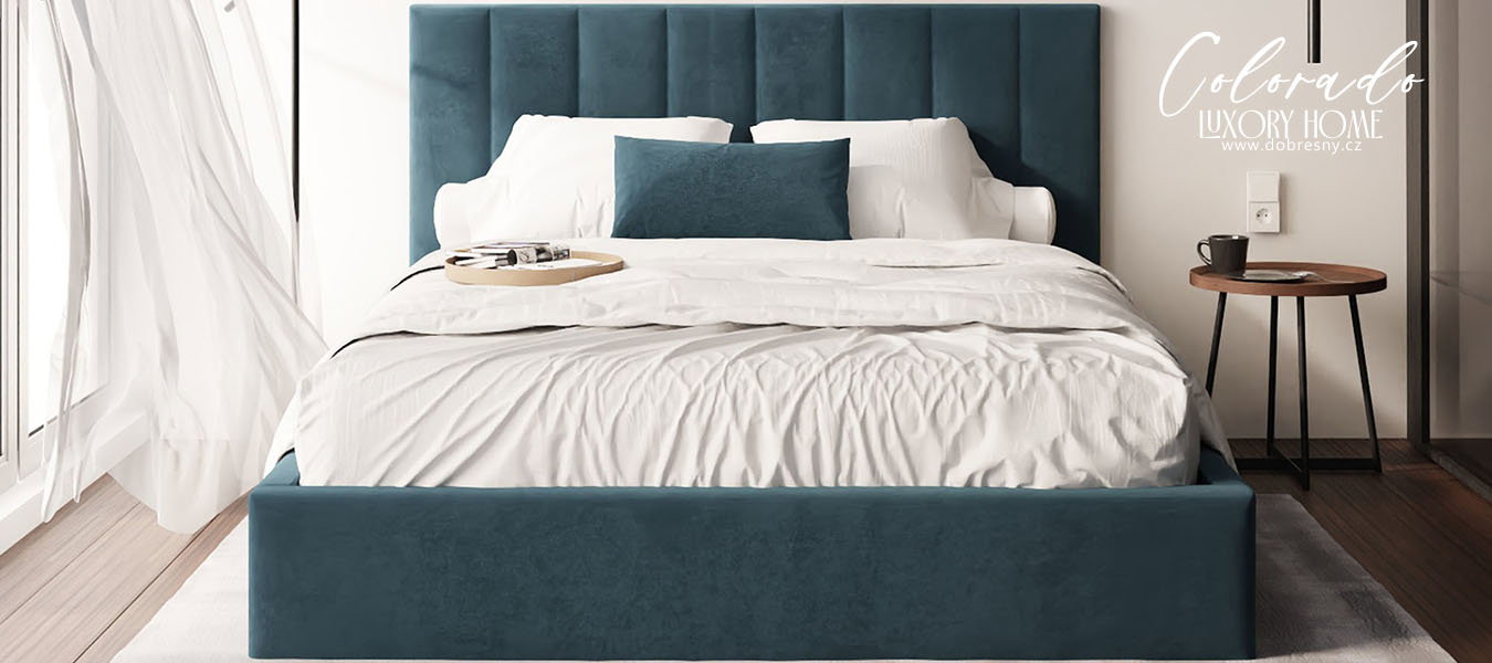 Luxusná posteľ COLORADO 140x200 s kovovým zdvižným roštom Modrá PARIS