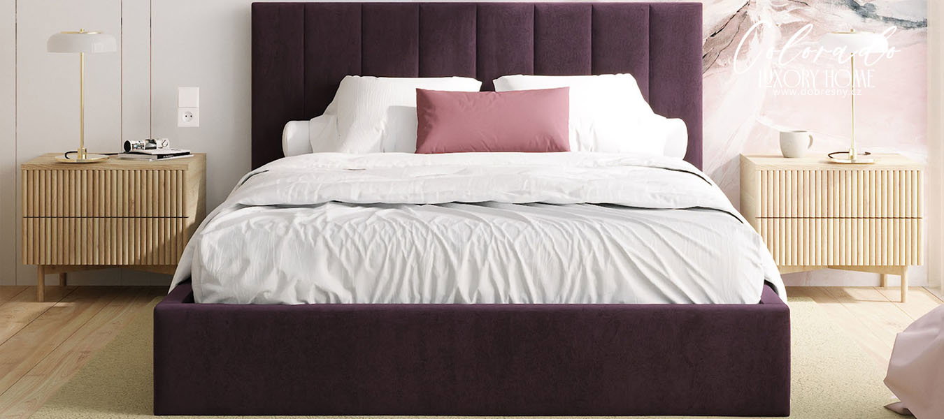 Luxusná posteľ COLORADO 160x200 s kovovým zdvižným roštom Tmavo fialová PARIS