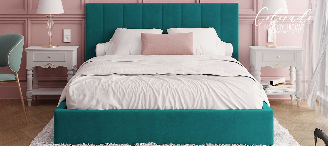 Luxusná posteľ COLORADO 160x200 s kovovým zdvižným roštom Tyrkysová PARIS
