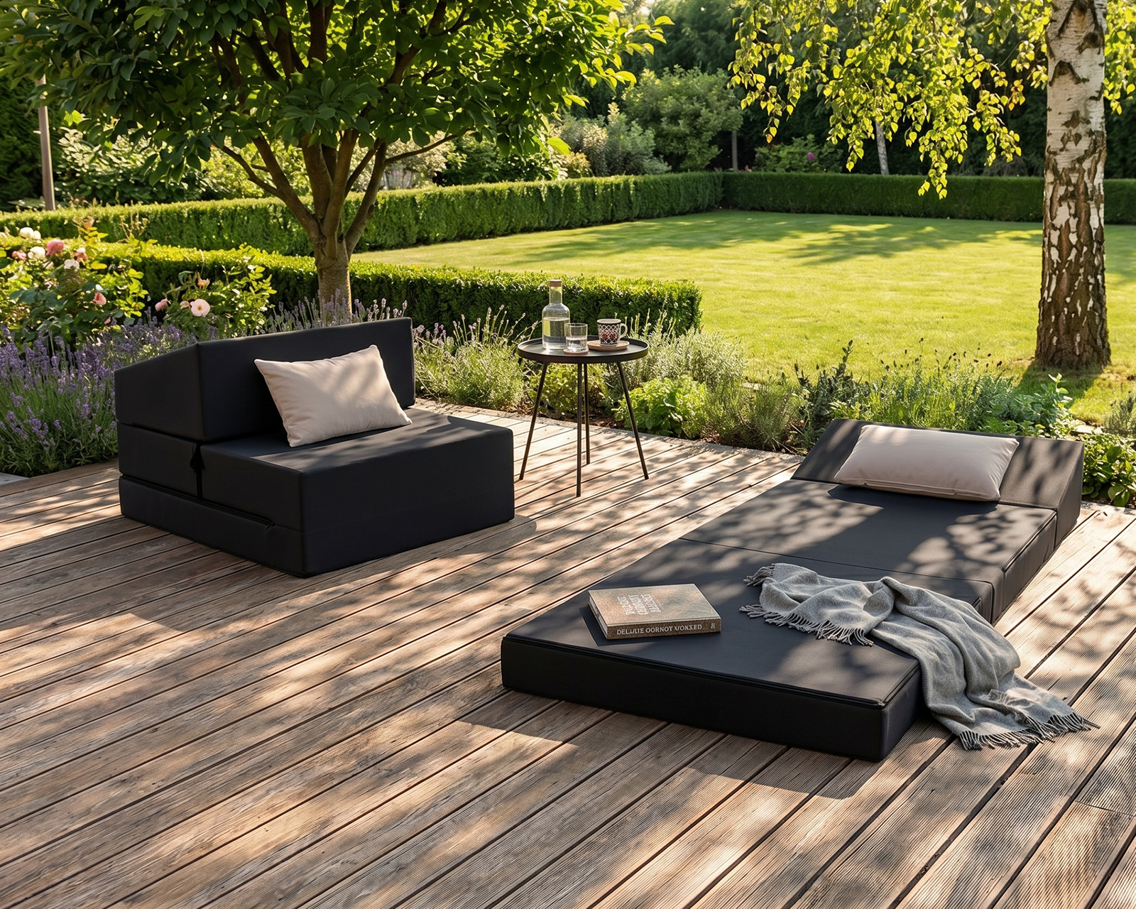 Rozkladacia záhradná pohovka SUZI GARDEN ČIERNA vodeodolná 70x200 výška 14 cm