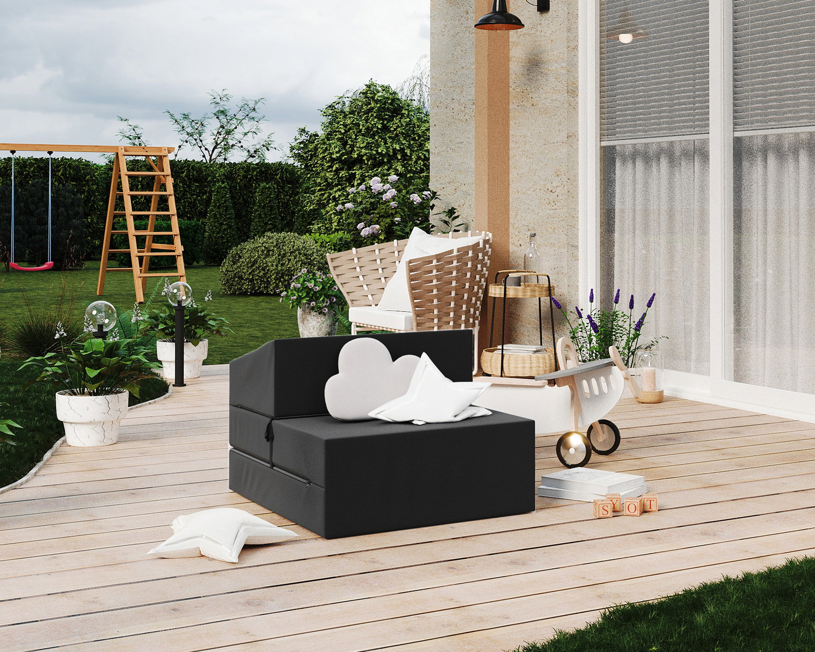 Rozkladacia záhradná pohovka SUZI GARDEN ČIERNA vodeodolná 70x200 výška 14 cm