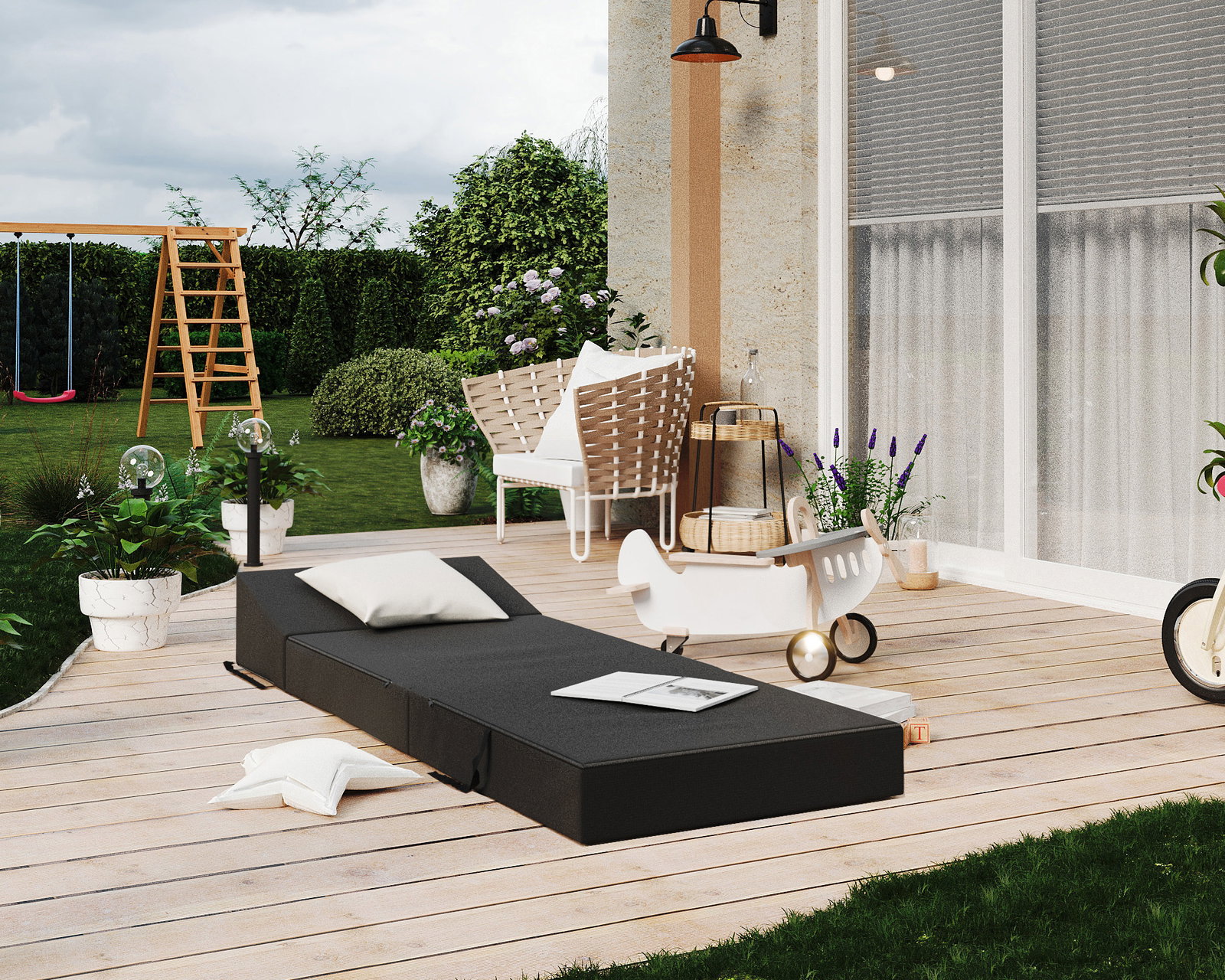 Rozkladacia záhradná pohovka SUZI GARDEN ČIERNA vodeodolná 70x200 výška 14 cm