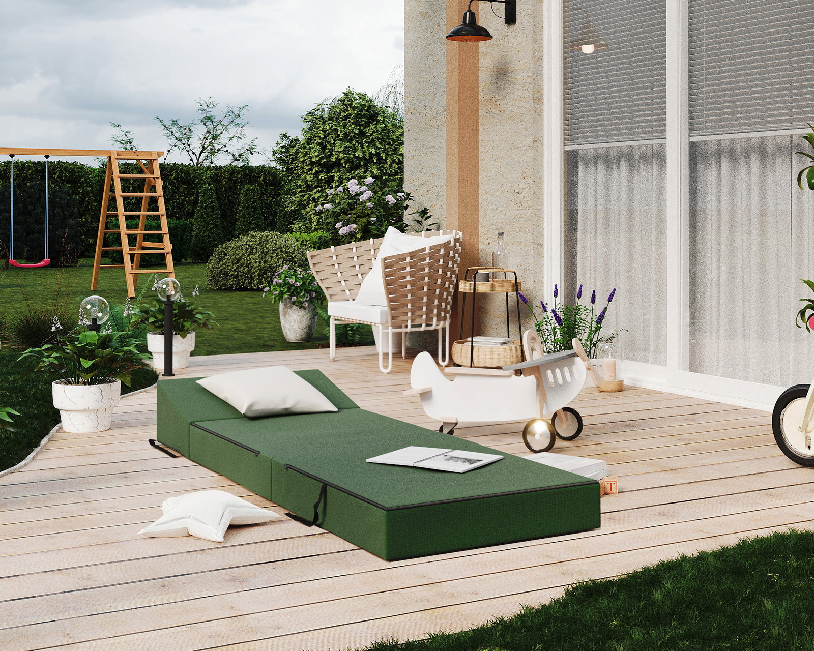 Rozkladacia záhradná pohovka SUZI GARDEN ZELENÁ vodeodolná 70x200 výška 14 cm