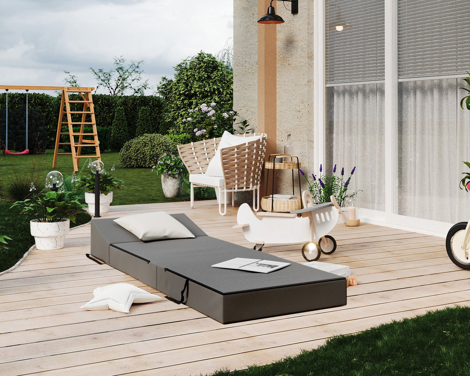 Rozkladacia záhradná pohovka SUZI GARDEN ŠEDÁ vodeodolná 70x200 výška 14 cm