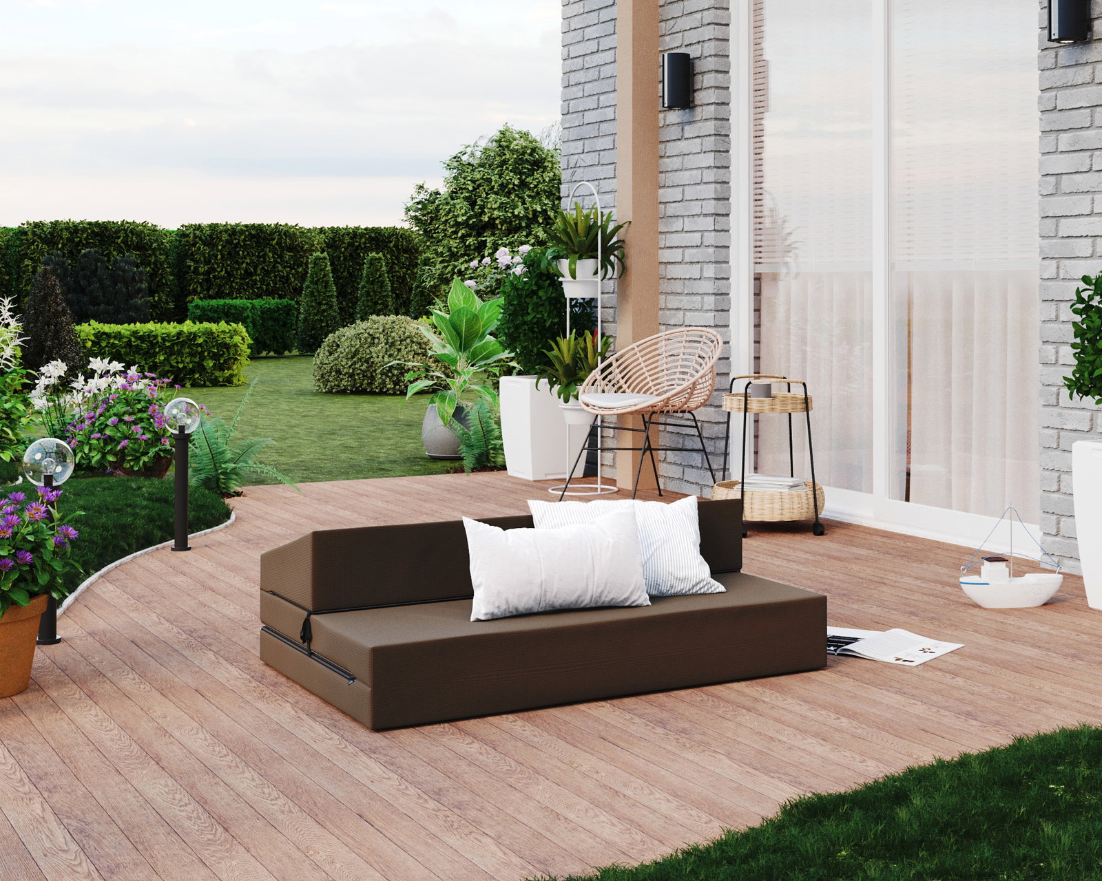 Rozkladacia záhradná pohovka SUZI GARDEN HNEDÁ vodeodolná 120x200 výška 9 cm