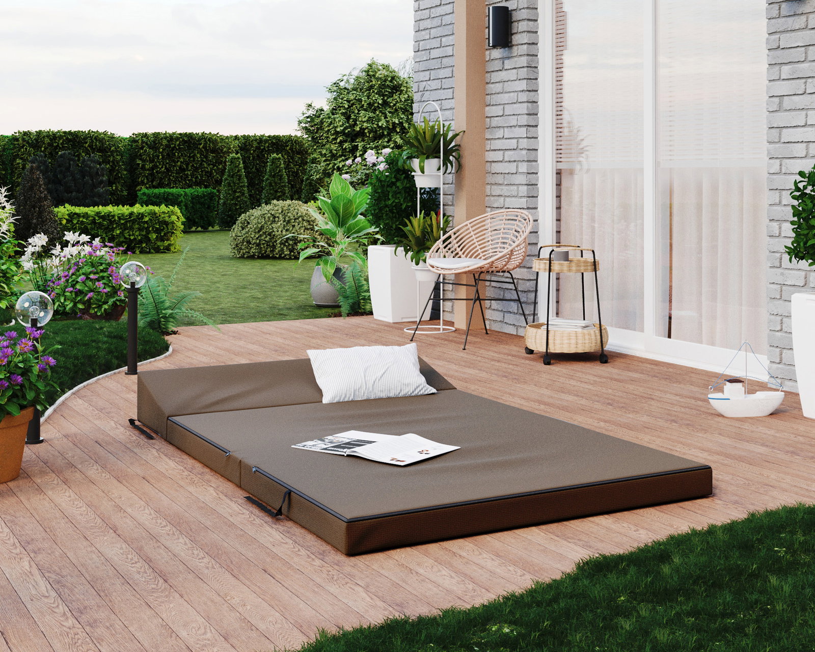Rozkladacia záhradná pohovka SUZI GARDEN HNEDÁ vodeodolná 120x200 výška 9 cm