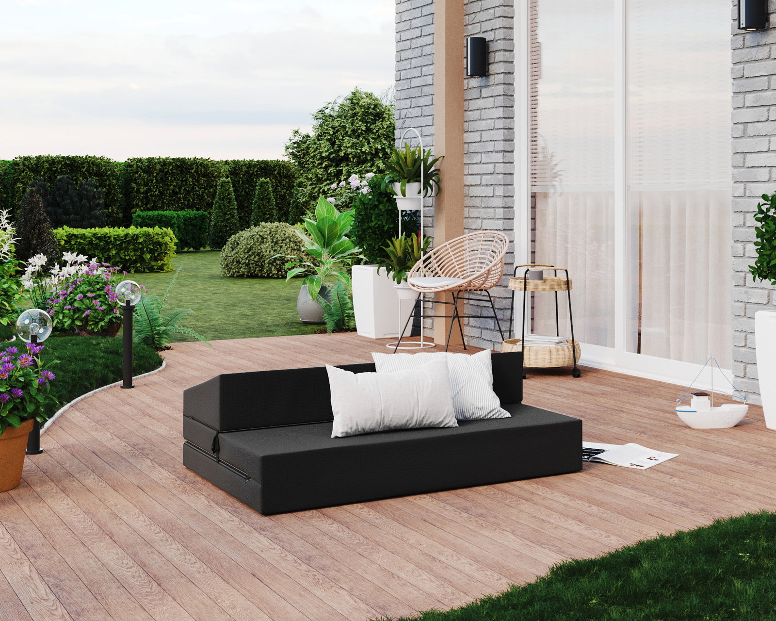 Rozkladacia záhradná pohovka SUZI GARDEN ČIERNA vodeodolná 120x200 výška 9 cm