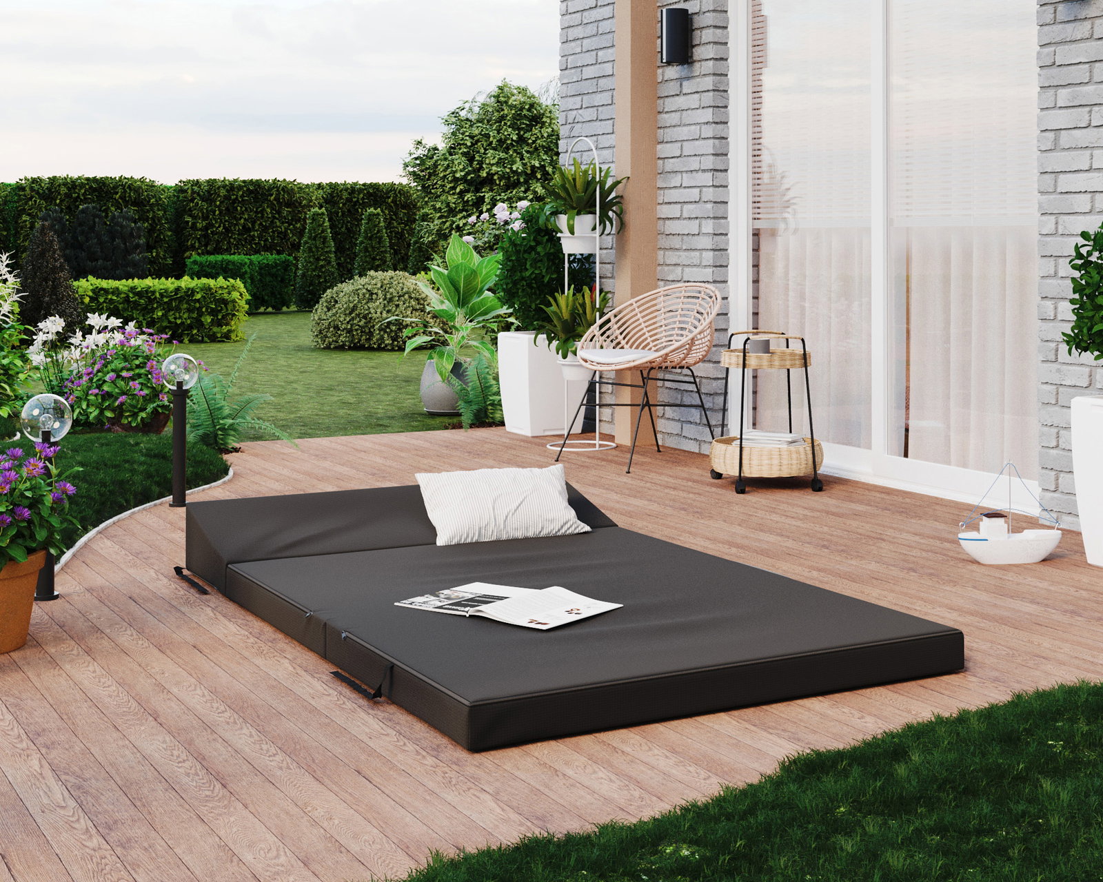 Rozkladacia záhradná pohovka SUZI GARDEN ČIERNA vodeodolná 120x200 výška 9 cm