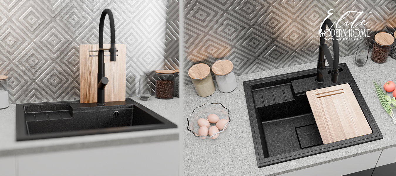 Granitový drez ELITE 6052 SIVÝ + čierny sifon 60 x 52 x 21,5 cm