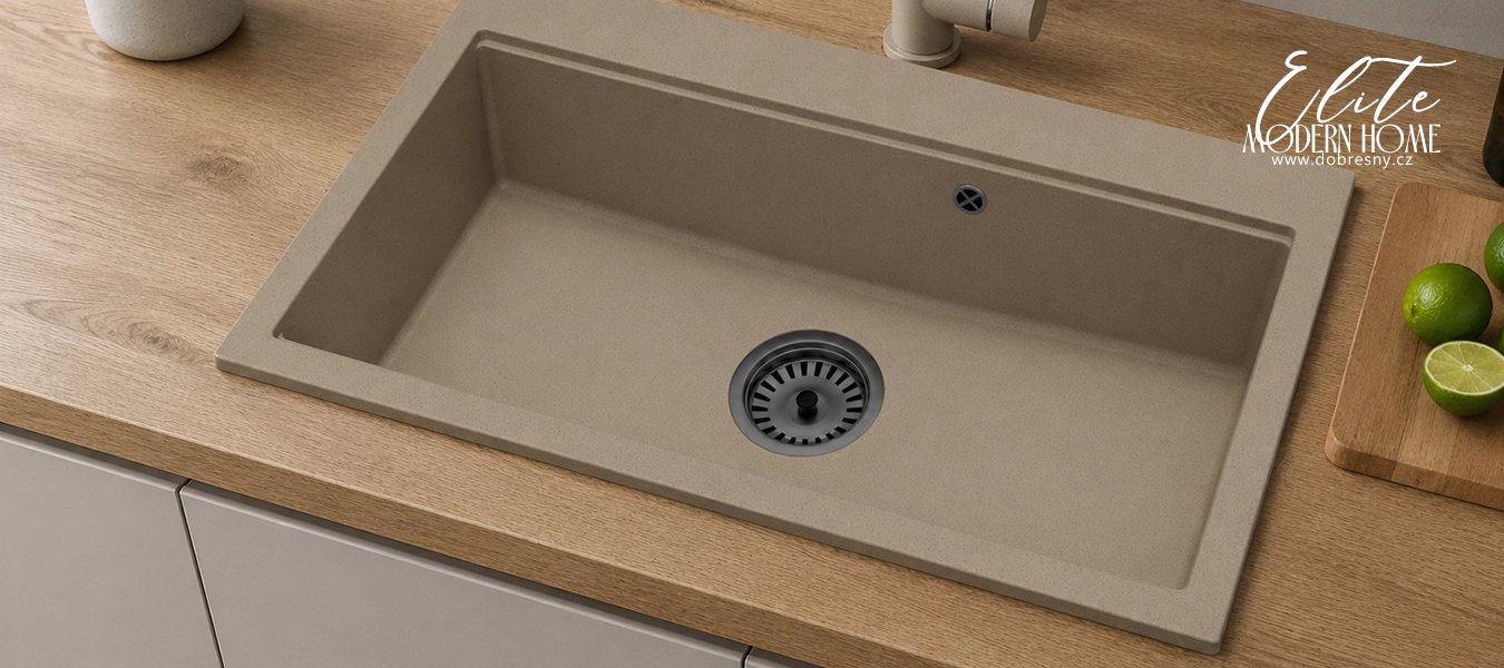 Granitový dřez ELITE 90 BÉŽOVÝ + čierny sifon 90 x 50 x 21 cm