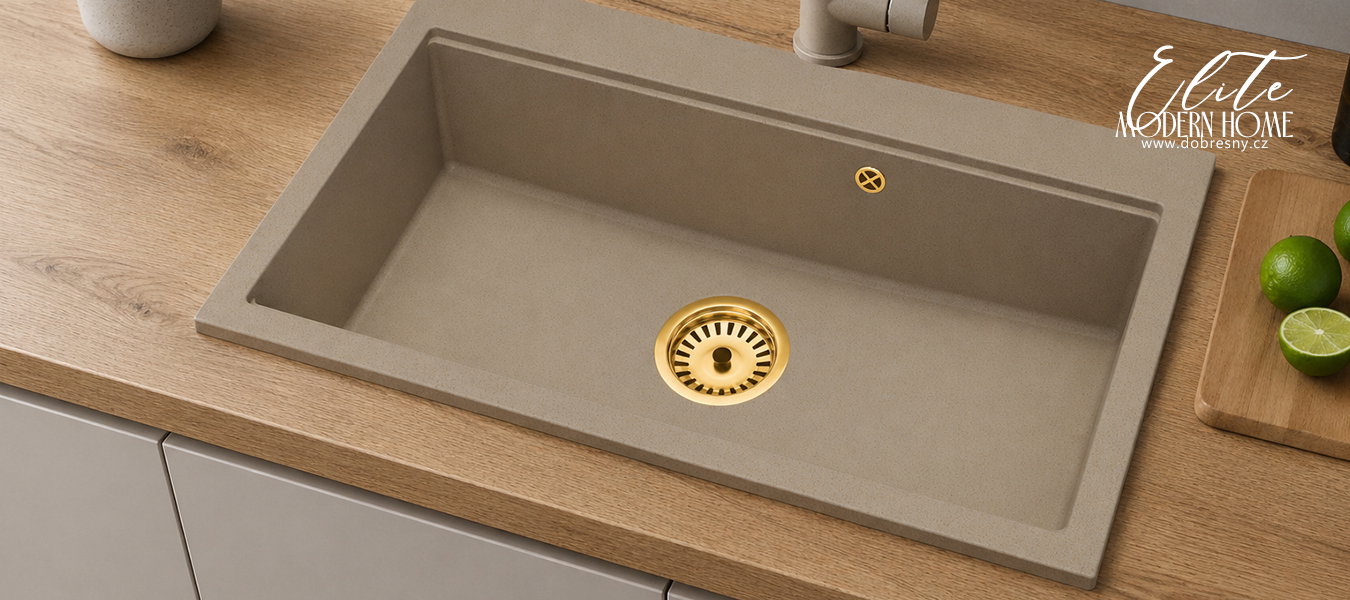 Granitový dřez ELITE 90 BÉŽOVÝ + zlaty sifon 90 x 50 x 21 cm