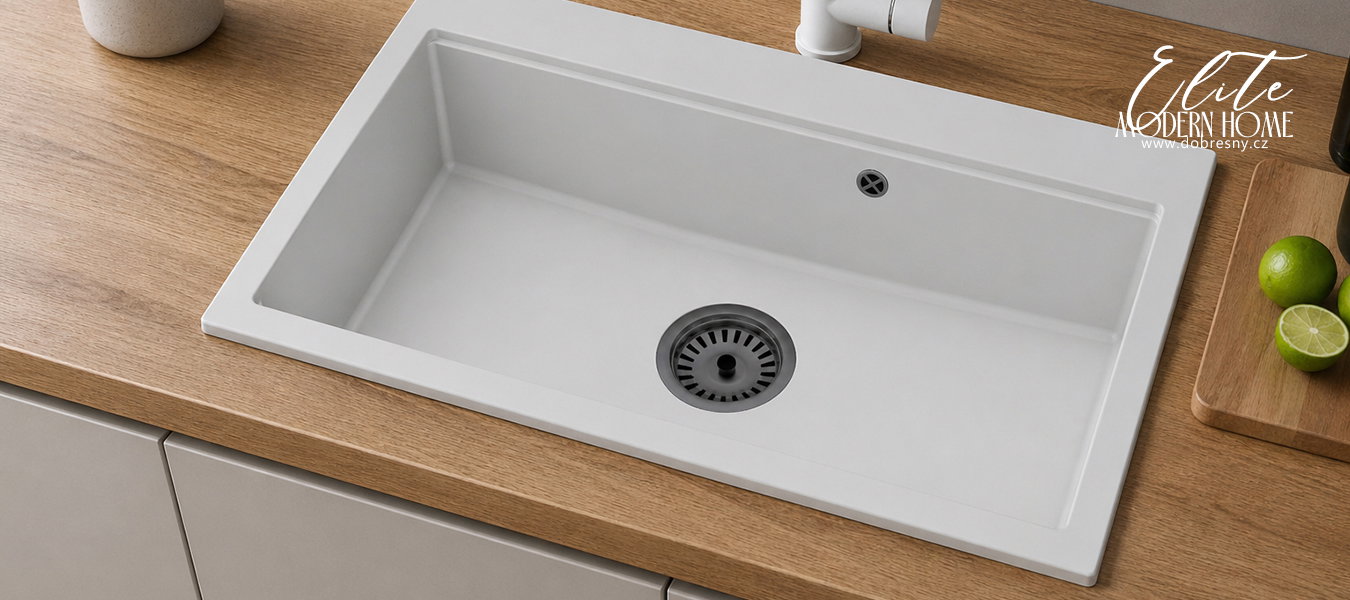 Granitový dřez ELITE 90 BIELY + čierny sifon 90 x 50 x 21 cm