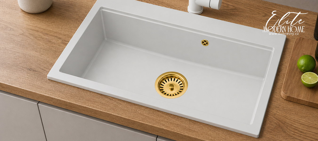 Granitový dřez ELITE 90 BIELY + zlatý sifon 90 x 50 x 21 cm