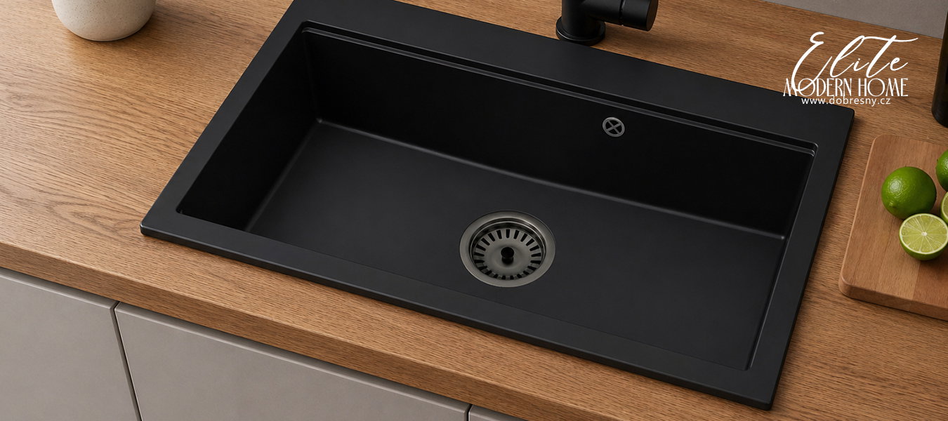 Granitový dřez ELITE 90 ČIERNY + čierny sifon 90 x 50 x 21 cm