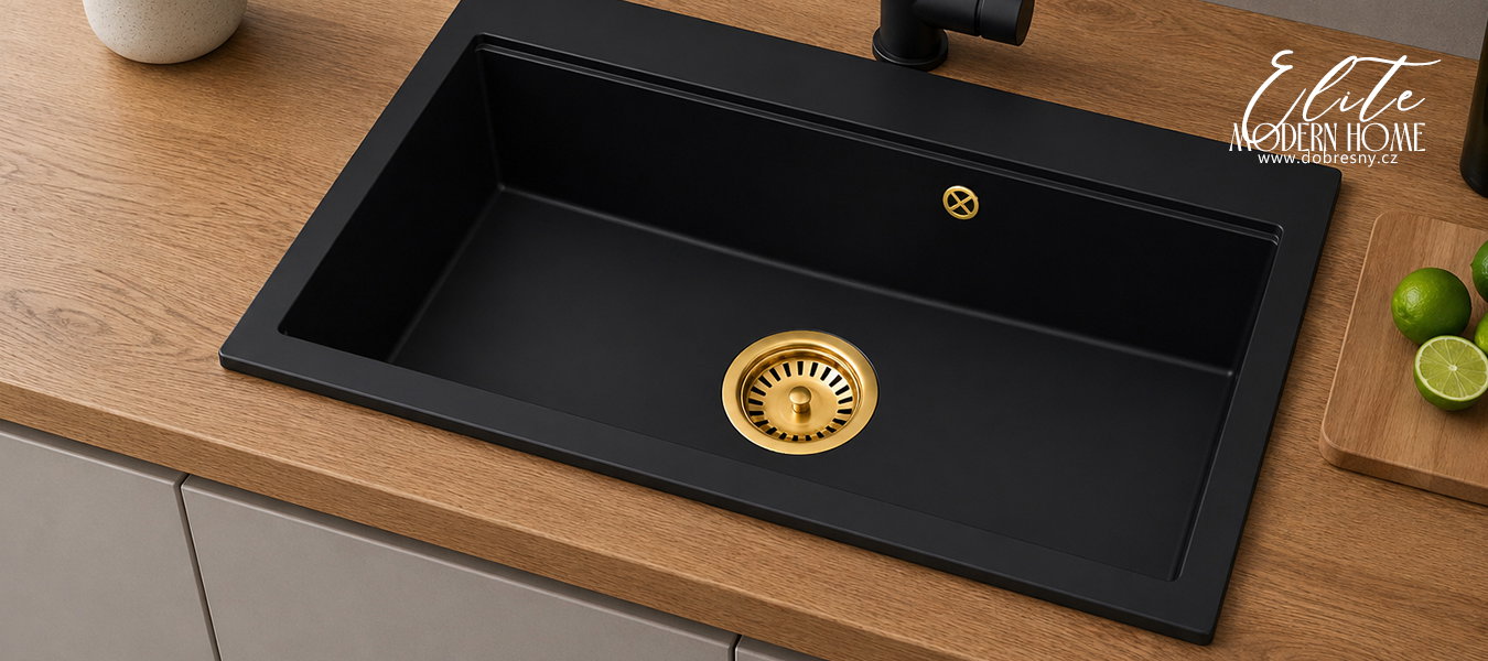 Granitový dřez ELITE 90 ČIERNY + zlaty sifon 90 x 50 x 21 cm