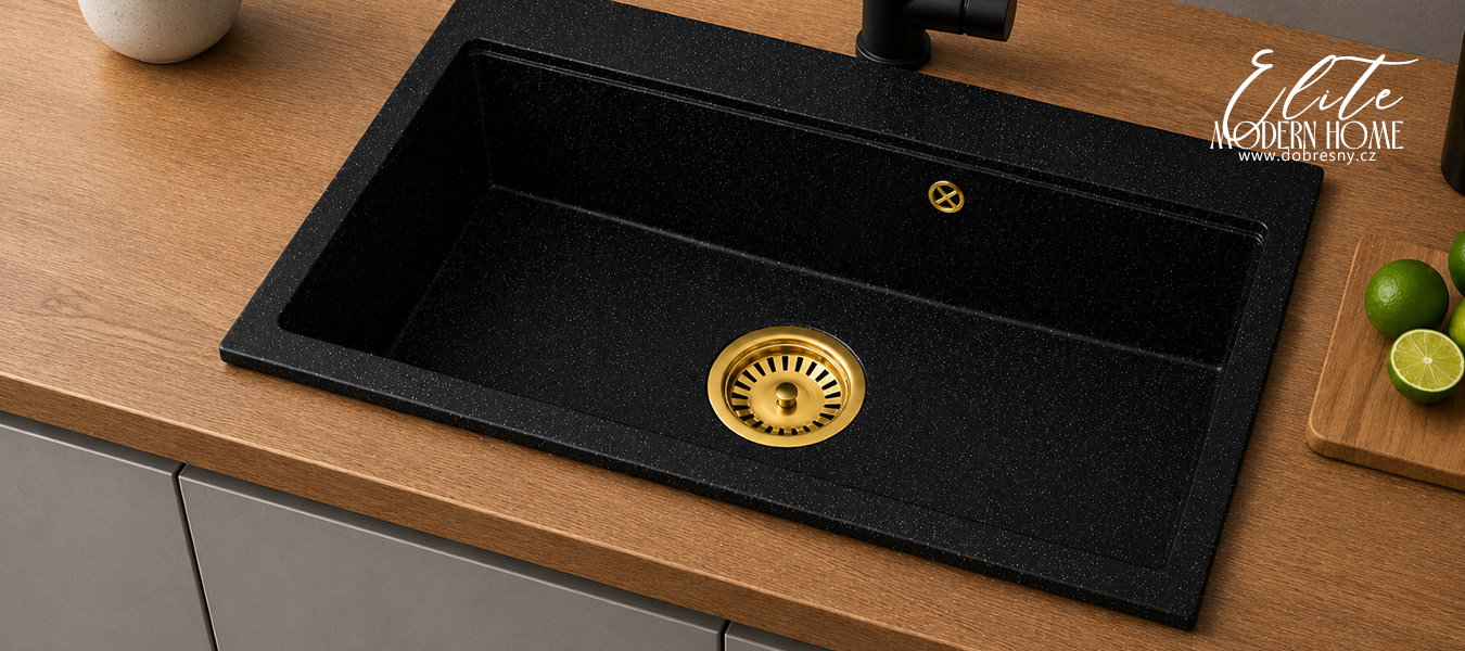 Granitový dřez ELITE 90 ČIERNY S TEXTÚROU ŽULY + zlaty sifon 90 x 50 x 21 cm