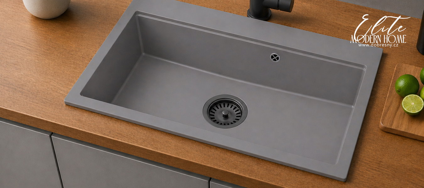 Granitový dřez ELITE 90 SIVÝ + čierny sifon 90 x 50 x 21 cm