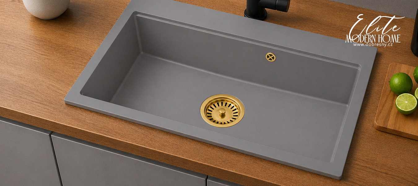 Granitový dřez ELITE 90 SIVÝ + zlaty sifon 90 x 50 x 21 cm