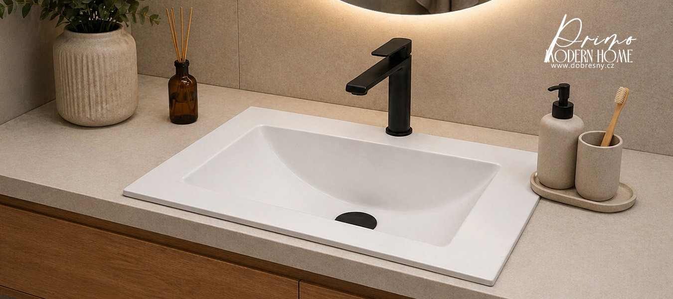 Zápustné granitové umývadlo PRIMO 61 cm, BIELY + čierny odtok