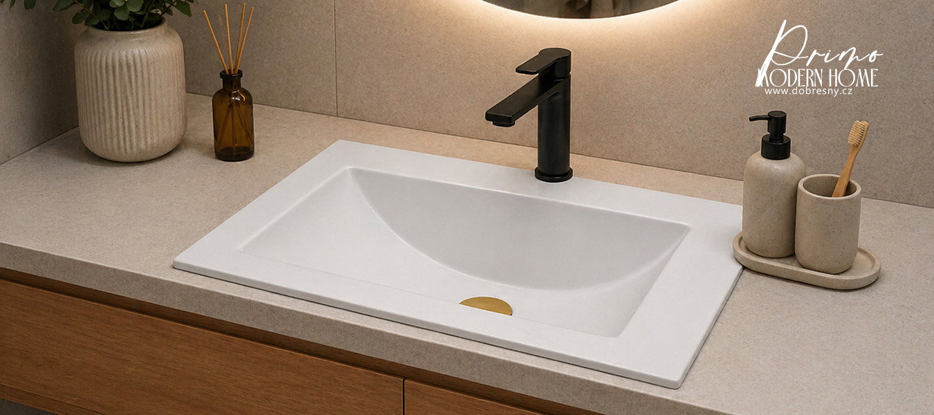 Zápustné granitové umývadlo PRIMO 61 cm, BIELY + zlaty odtok