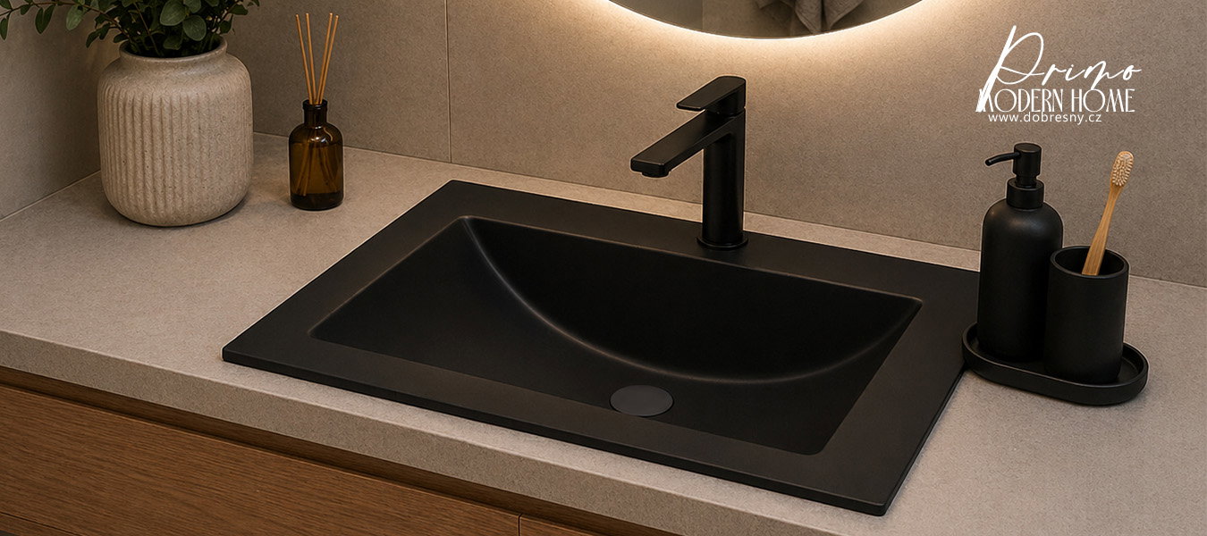Zápustné granitové umývadlo PRIMO 61 cm, ČIERNY + čierny odtok