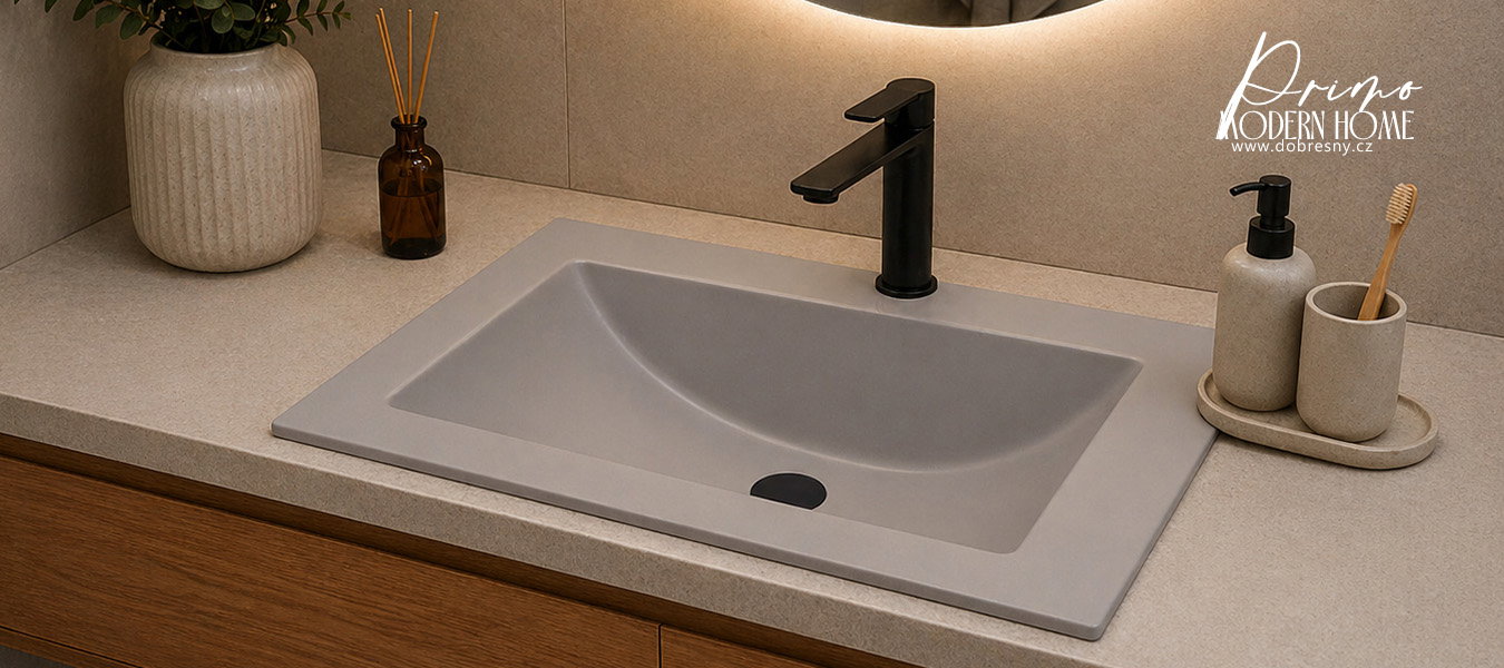 Zápustné granitové umývadlo PRIMO 61 cm, SIVÁ + čierny odtok