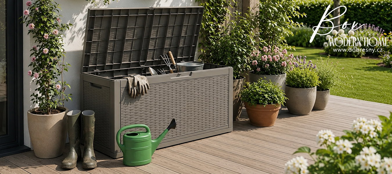 Záhradný úložný box na podušky a náradie 340 l, sivý, vodeodolný, 119×58×52 cm