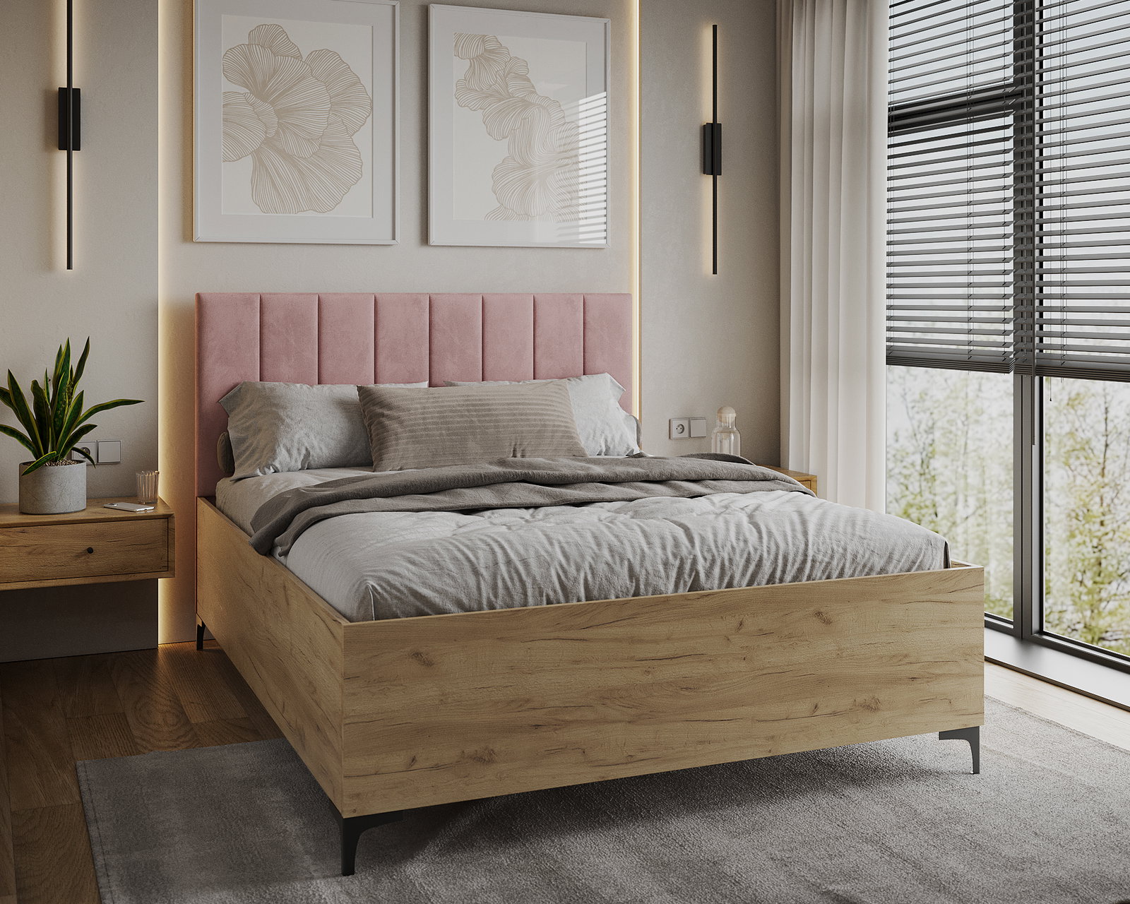 Posteľ SIERRA 140×200 s kovovým zdvíhacím roštom TRINITY Dub Craft - Ružová