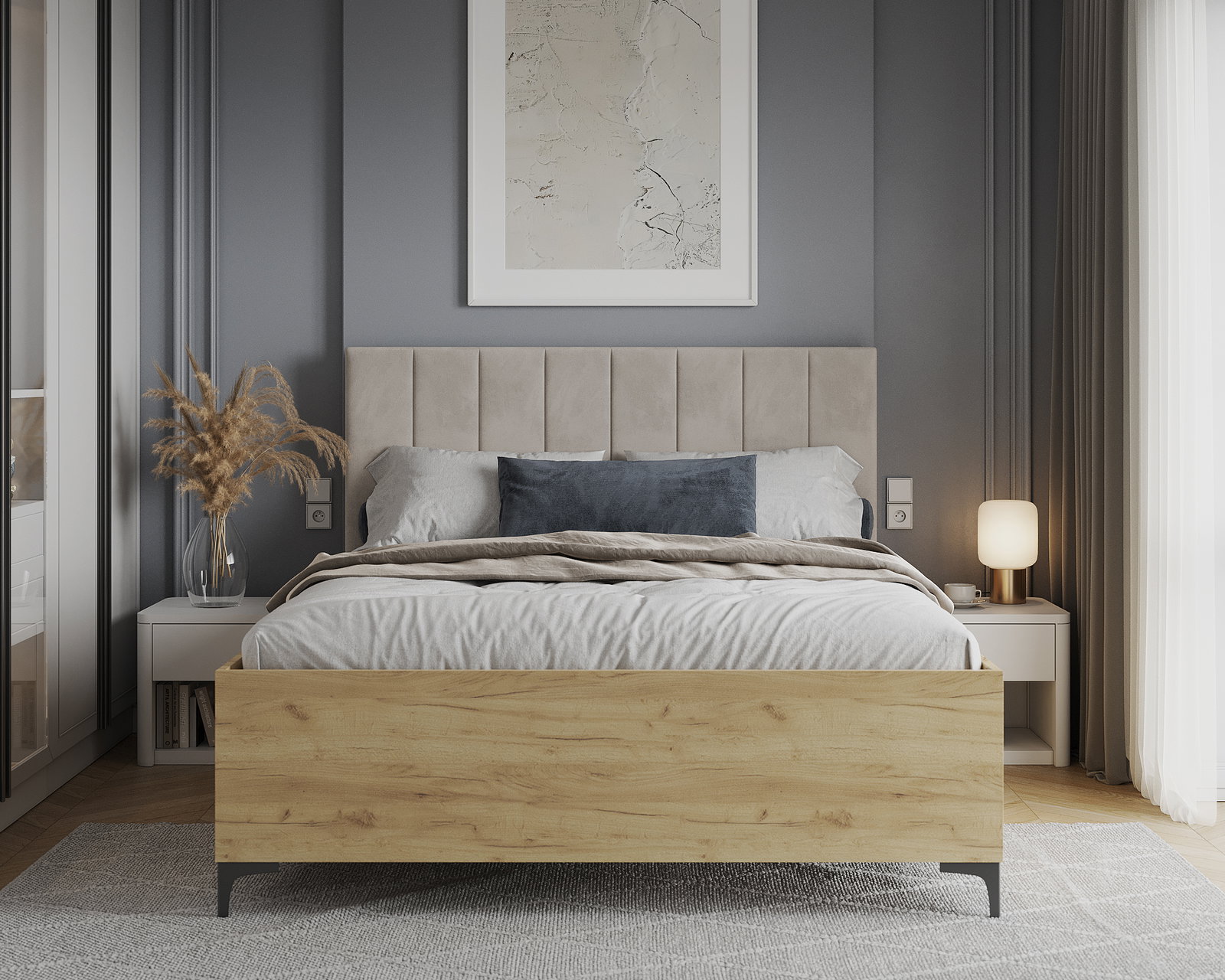 Posteľ SIERRA 160×200 s kovovým zdvíhacím roštom TRINITY Dub Craft - Krémová