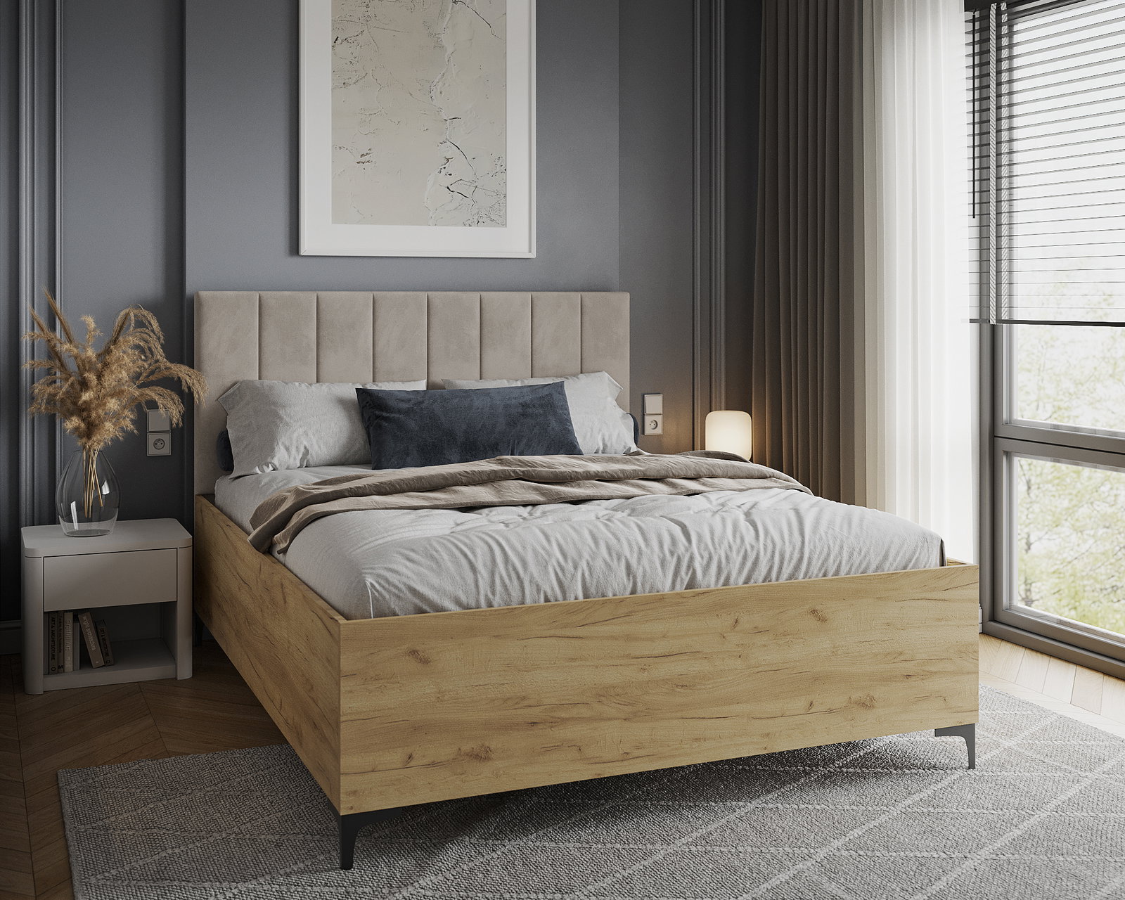 Posteľ SIERRA 160×200 s kovovým zdvíhacím roštom TRINITY Dub Craft - Krémová