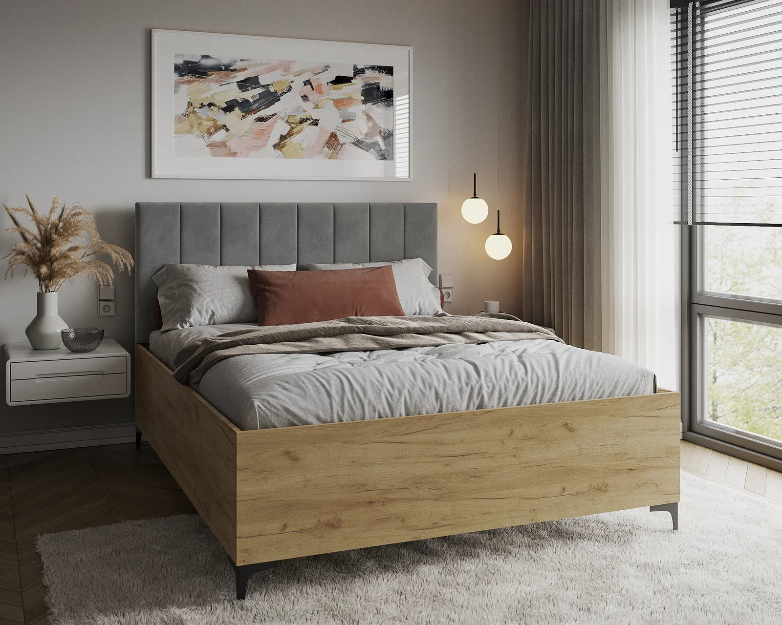 Postel SIERRA 160×200 s kovovým zdvižným roštem TRINITY Dub Craft - Šedá