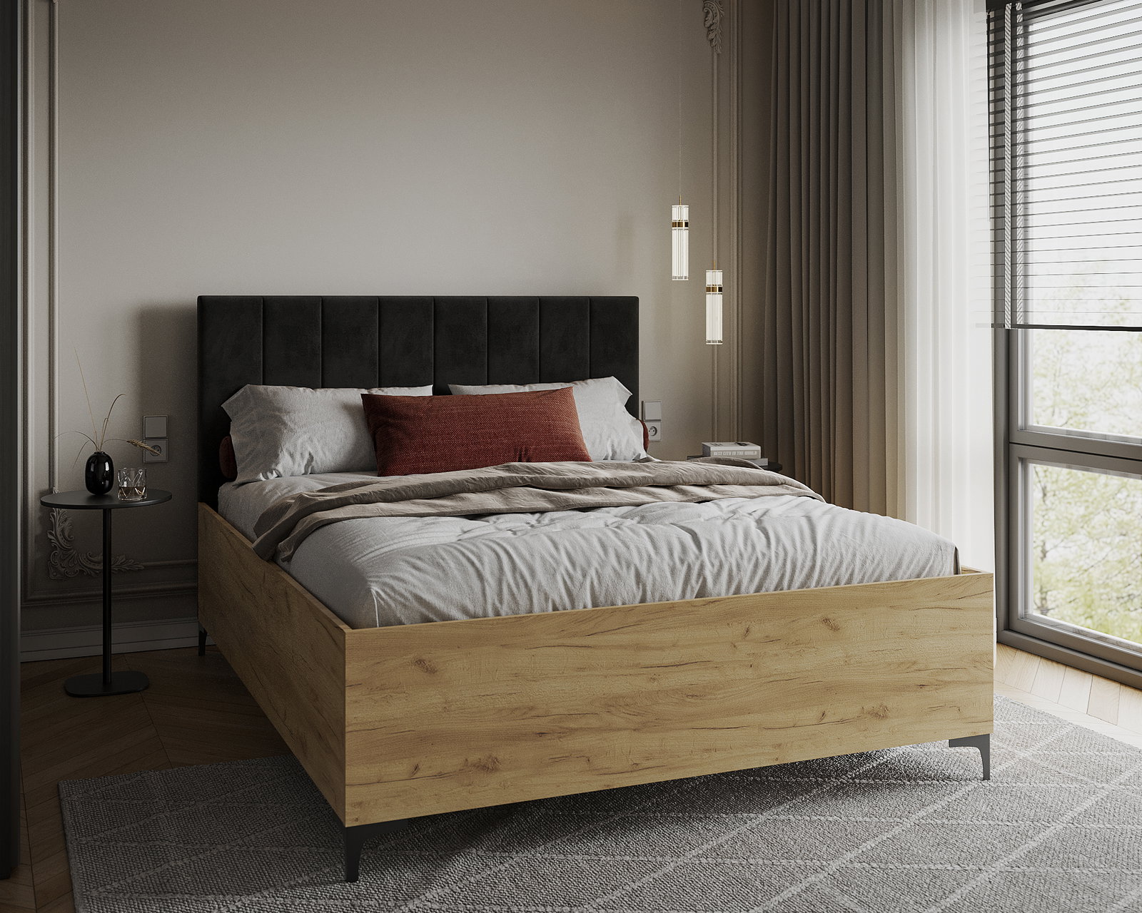 Posteľ SIERRA 160×200 s kovovým zdvíhacím roštom TRINITY Dub Craft - Čierna