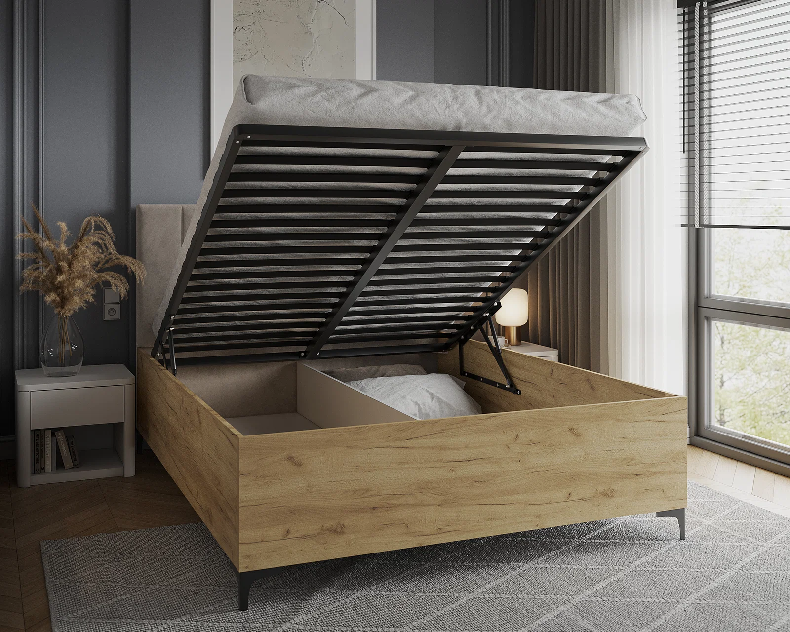 Postel SIERRA 90×200 s kovovým zdvižným roštem PARIS Dub Craft - Krémová