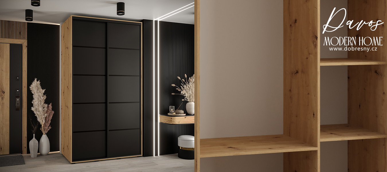 Šatníková skriňa s posuvnými dverami DAVOS 4, 140cm | DUB Artisan / čierna / čierne pojazdy