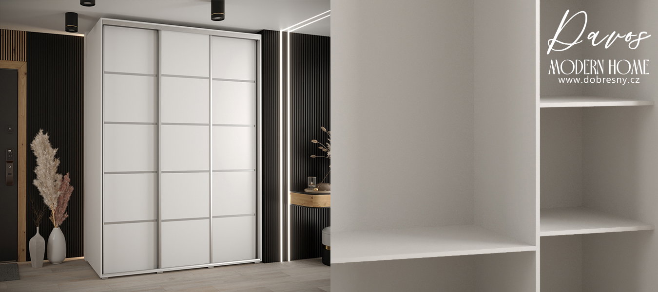 Šatníková skriňa s posuvnými dverami DAVOS 4, 170×235×45 cm, biela / strieborné pojazdy