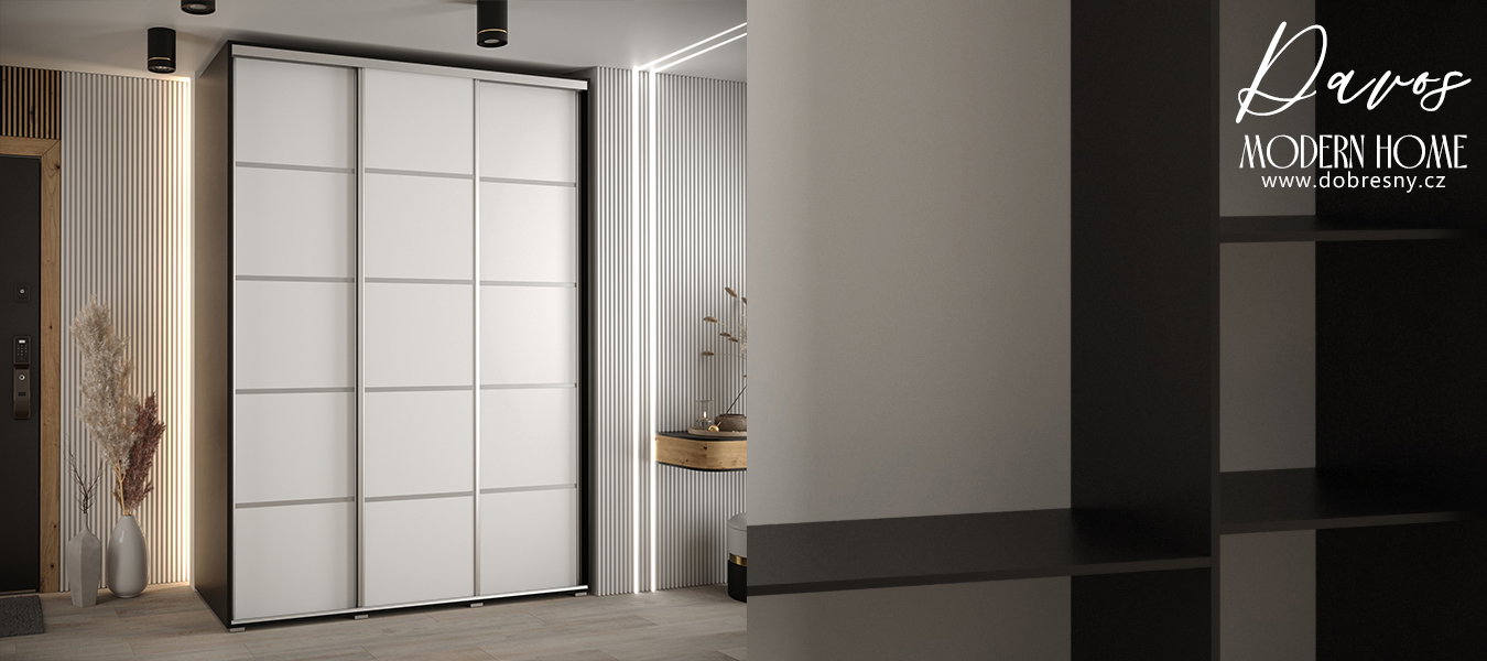 Šatníková skriňa s posuvnými dverami DAVOS 4, 180×235×45 cm, čierna / biela / strieborné pojazdy