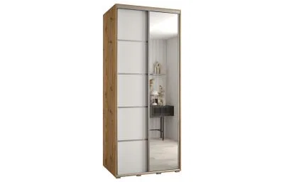 Šatní skříň DAVOS 5 posuvné dvěře a zrcadlo, 100×235×45, DUB Artisan / bílá / stříbrné